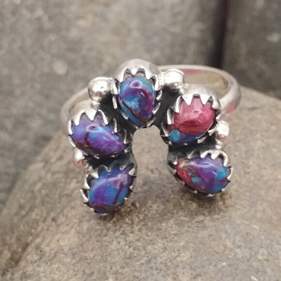 Southwest Purple Spiny Oyster Dahlia Turquoise Sterling Silver Naja Ring Size 7 - Picture 1 of 6